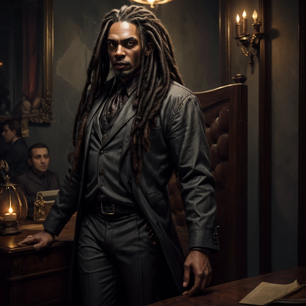 A vampiric black man with long dreadlocks, yellow eyes, wearing a stylish gray suit, standing behind a desk in an opulent dark office, vampire fangs