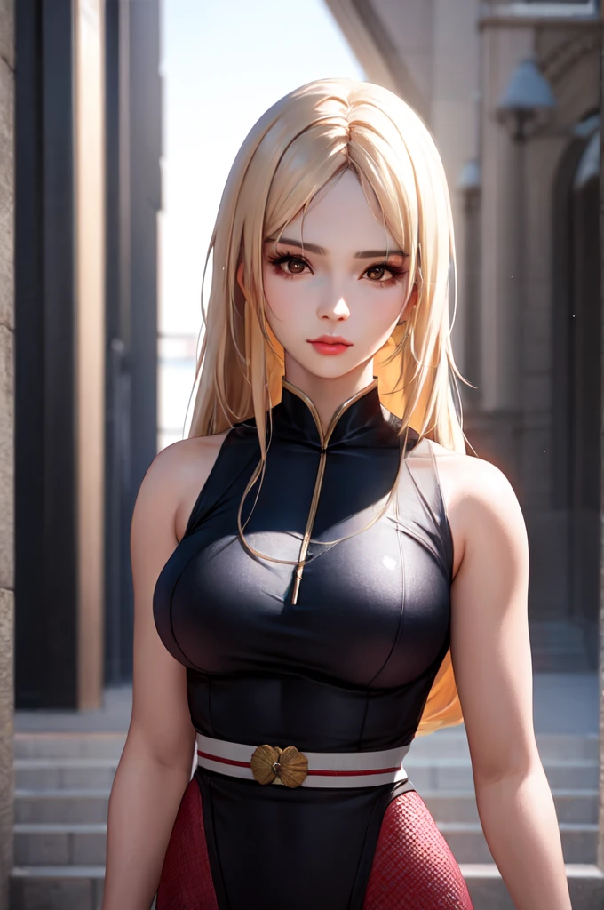Jinah, a young Korean samurai woman in her twenties, possesses an imposing yet graceful presence. Her long hair, styled like that of a kunoichi, is platinum blonde. Her deep brown eyes, almost black, hold a wise and determined gleam. Her face is fine and well-defined, reminiscent of Korean K-pop idols. Her expression is serious but can soften in the presence of those she protects. Her skin is fair and pale. She has an athletic and well-proportioned physique, with a few pleasant feminine curves. She is dressed as a kunoichi. Ambiance sombre by Yang J, Guweiz, (best quality, 4k, highres, masterpiece:1.2), ultra-detailed, (realistic, photorealistic:1.37), HDR, UHD, studio lighting, ultra-fine painting, sharp focus, physically-based rendering, extreme detail description, professional, vivid colors, bokeh, portraits, landscape, horror, anime, sci-fi, photography, concept artists, vibrant color tones, atmospheric lighting