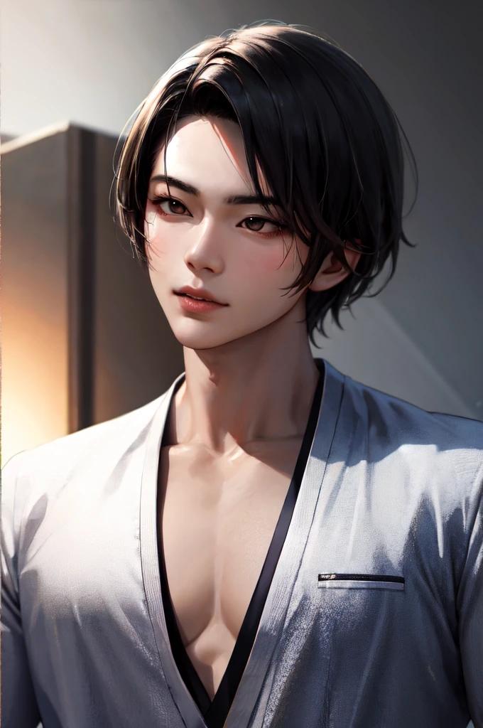 Jinwoo, a young Korean samurai in his twenties, exudes an imposing yet benevolent presence. His short middle part hair, styled like that of K-pop idols, is platinum blonde. His deep brown eyes, almost black, carry a wise and determined gleam. His face is fine and well-defined, reminiscent of Korean K-pop idols. His expression is serious but can soften in the presence of those he protects. His skin is fair and pale. He has an athletic and well-proportioned physique, with developed musculature that is not excessive. He is dressed as a samurai.. Ambiance sombre by Yang J, Guweiz, (best quality, 4k, highres, masterpiece:1.2), ultra-detailed, (realistic, photorealistic:1.37), HDR, UHD, studio lighting, ultra-fine painting, sharp focus, physically-based rendering, extreme detail description, professional, vivid colors, bokeh, portraits, landscape, horror, anime, sci-fi, photography, concept artists, vibrant color tones, atmospheric lighting