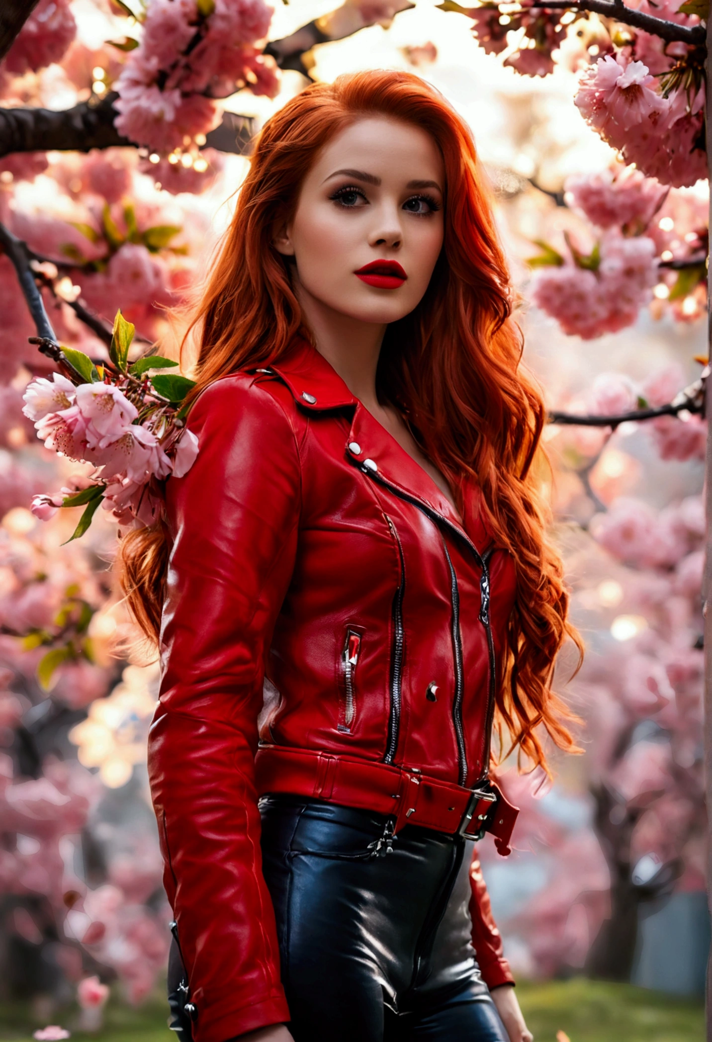 ultra realistic, photography, long red hair, girl, 24 years old, hourglass figure, perfect body, small breasts, Flirty look, Cheryl blossom (Riverdale) costume, red Leather jacket, black leather pants, big red lips, (full body shot:1.1) photorealistic image of a (standing pose:1.1) woman, full body, wide angle, wide angle shot, she wears red high heels, standing under a cherry blossom tree