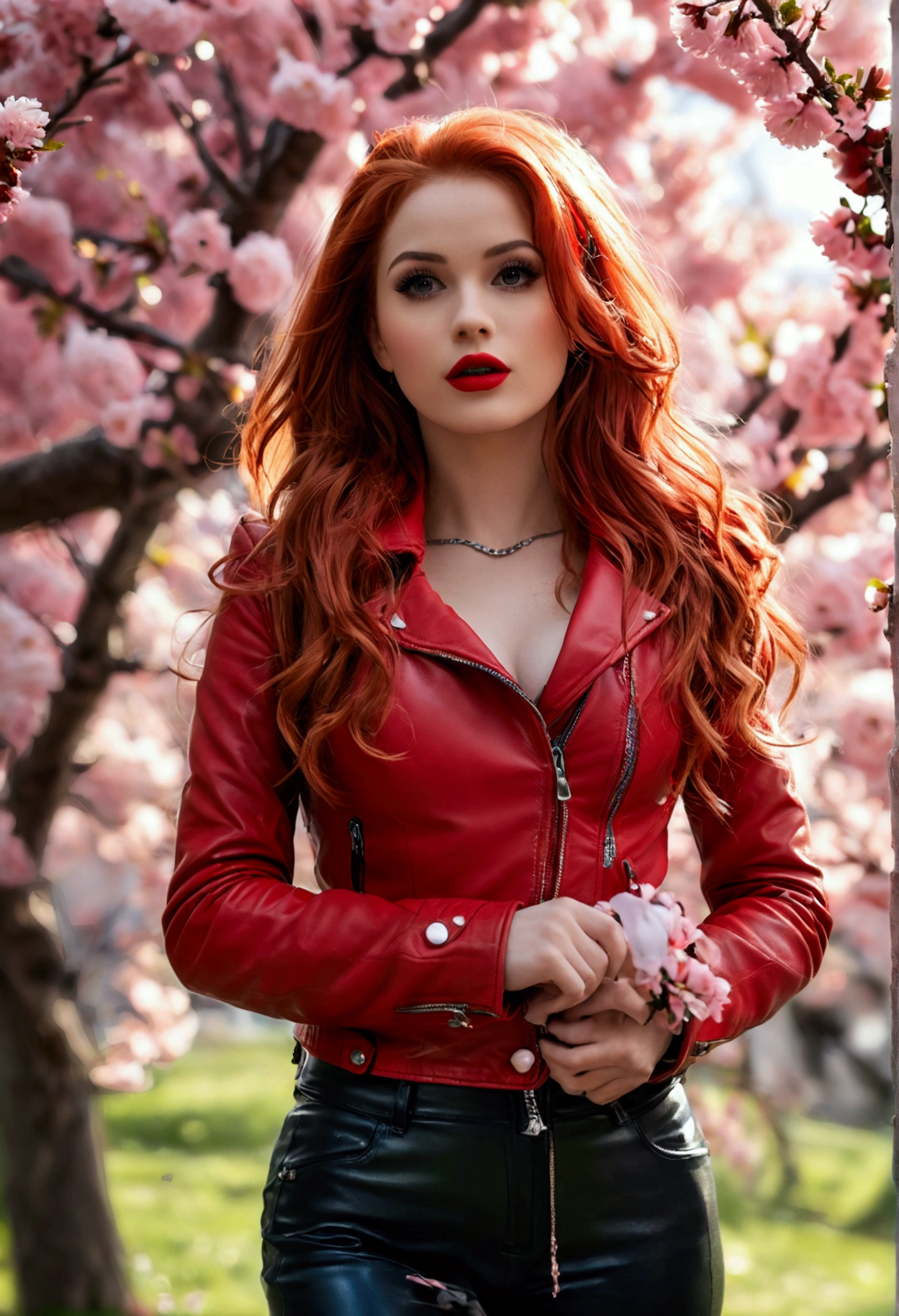 ultra realistic, photography, long red hair, girl, 24 years old, hourglass figure, perfect body, small breasts, Flirty look, Cheryl blossom (Riverdale) costume, red Leather jacket, black leather pants, big red lips, (full body shot:1.1) photorealistic image of a (standing pose:1.1) woman, full body, wide angle, wide angle shot, she wears red high heels, standing under a cherry blossom tree