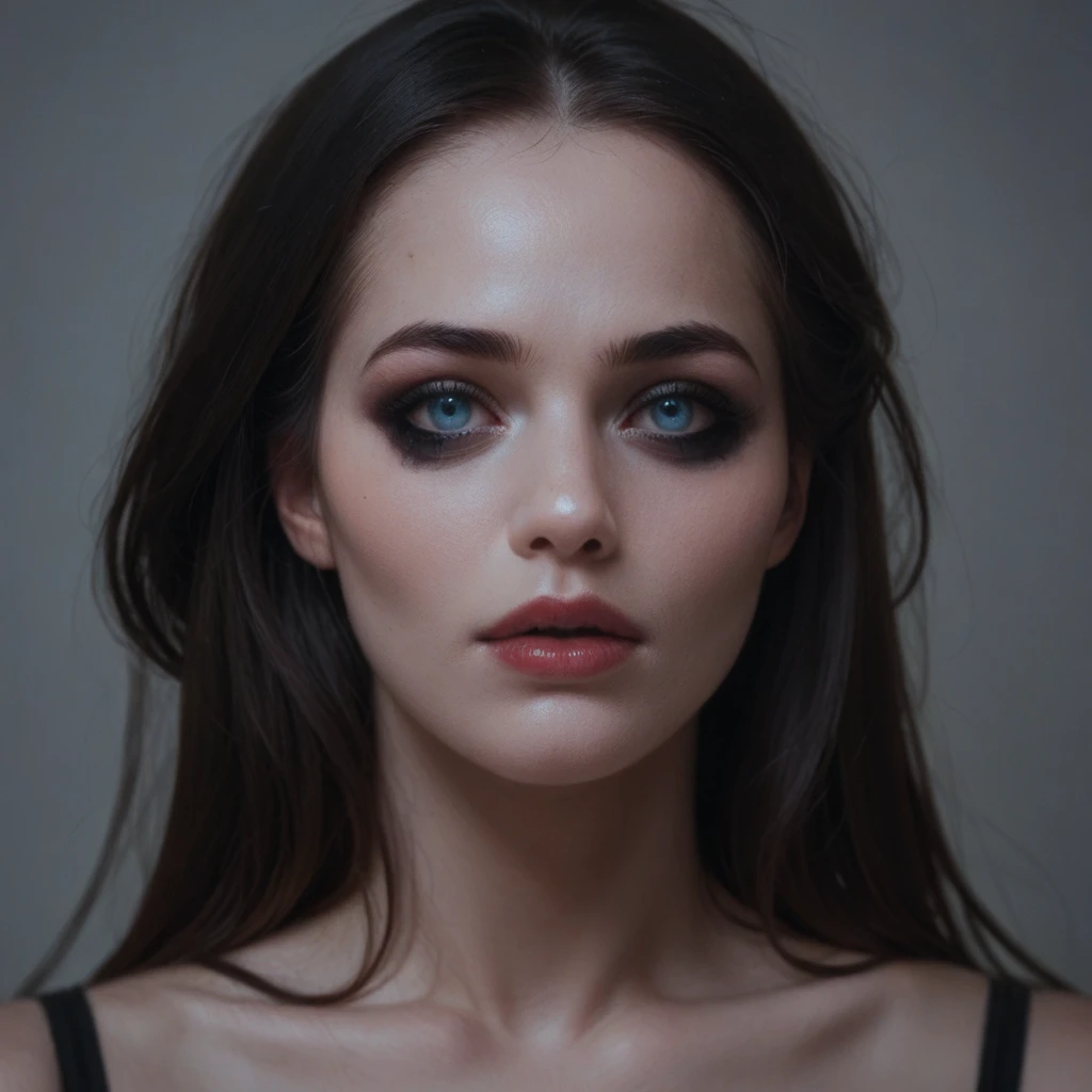 ((masterpiece)), ultra-realistic, portrait of a beautiful pale-skinned vampire with (black enamel), a deep dark makeup, bright blue eyes, in a dark and gloomy environment. (Prompt is in Portuguese)