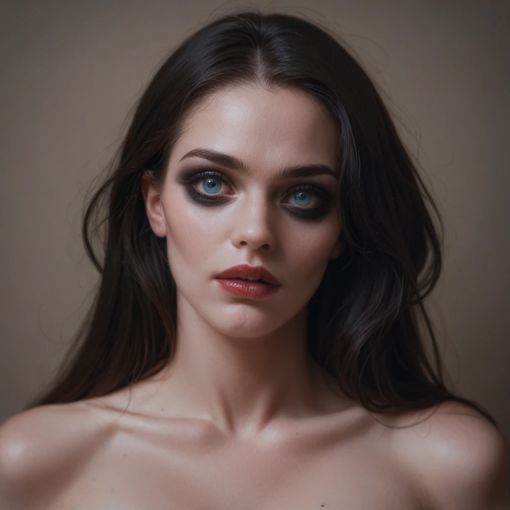 ((masterpiece)), ultra-realistic, portrait of a beautiful pale-skinned vampire with (black enamel), a deep dark makeup, bright blue eyes, in a dark and gloomy environment. (Prompt is in Portuguese)