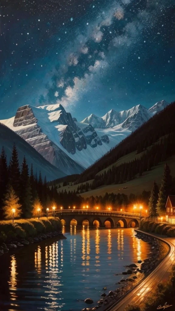Extremely detailed oil paint landscape with successful elements from several famous night paintings