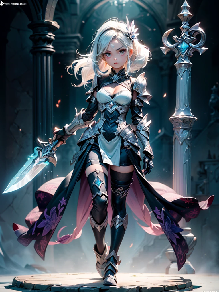 (((masterpiece, best quality, high detailed, 8k))) Design a layout showcase Gaming character, (1girl). Purple+Silver clothes, stylish and unique. ((showcase weapon:1.4)), magical orb. (masterpiece:1.2), (best quality), 4k, ultra-detailed. (Step by step design, layout art:1.5), (luminous lighting, atmospheric lighting). sorceress, ((glove full hands)), (((revealing clothes:1.3))), vambraces, armored legwear, (((full_body_shot:1.4))). {In an enchanted castle}.