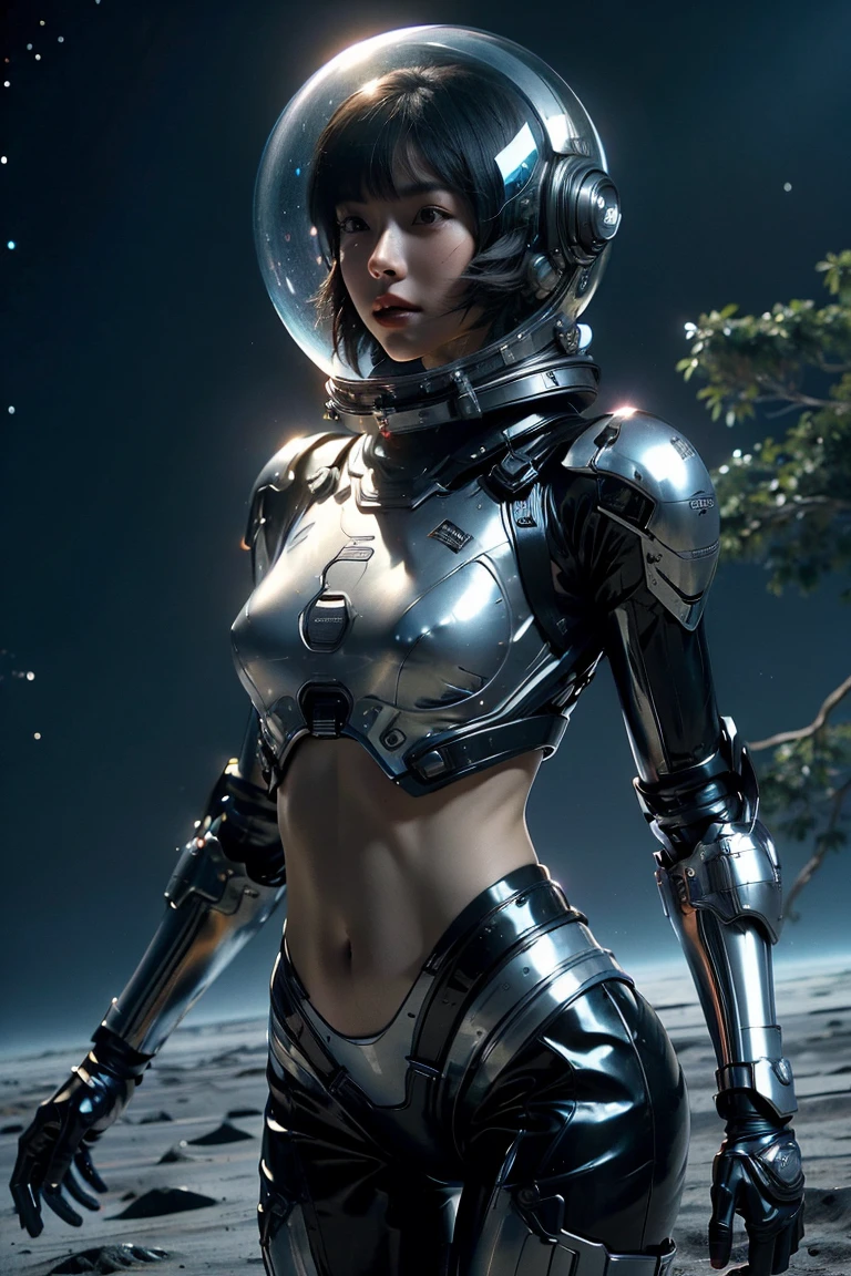 A girl wearing a space suit, Completely exposed abdomen, Bare waist,Cowboy shooting, In outer space, Desolate alien cold planet,Transparent space helmet,Transparent full face cap ,((Bikini Top)),((metal bikini armor)), Sexy navel exposed, full metal armor, Exposed abdomen and waist, open belly, The abdomen is completely exposed, Cowboy shooting, actual, photoactual, high quality, 8k, Very detailed, masterpiece, dynamic poses, dramatic lighting, cinematic, Science Fiction, Futuristic, bright colors