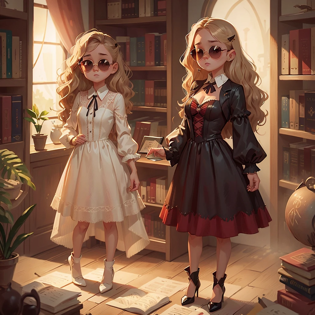 A beautiful vampire woman with dark sunglasses, short wavy blonde hair, a stylish white dress, standing in a dimly lit library