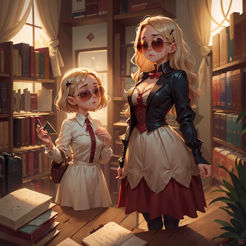A beautiful vampire woman with dark sunglasses, short wavy blonde hair, a stylish white dress, standing in a dimly lit library
