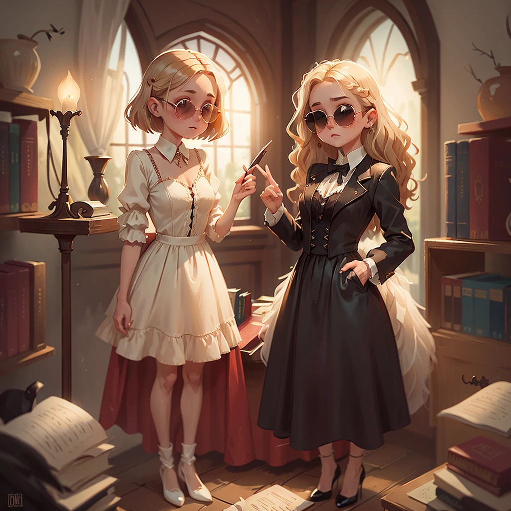 A beautiful vampire woman with dark sunglasses, short wavy blonde hair, a stylish white dress, standing in a dimly lit library