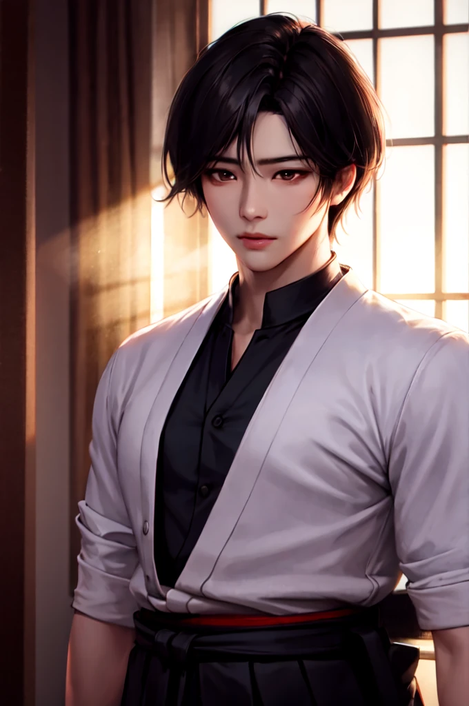 Jinwoo, a young Korean samurai in his twenties, exudes an imposing yet benevolent presence. His short middle part hair, styled like that of K-pop idols, is platinum blonde. His deep brown eyes, almost black, carry a wise and determined gleam. His face is fine and well-defined, reminiscent of Korean K-pop idols. His expression is serious but can soften in the presence of those he protects. His skin is fair and pale. He has an athletic and well-proportioned physique, with developed musculature that is not excessive. He is dressed as a samurai.. Ambiance sombre by Yang J, Guweiz, (best quality, 4k, highres, masterpiece:1.2), ultra-detailed, (realistic, photorealistic:1.37), HDR, UHD, studio lighting, ultra-fine painting, sharp focus, physically-based rendering, extreme detail description, professional, vivid colors, bokeh, portraits, landscape, horror, anime, sci-fi, photography, concept artists, vibrant color tones, atmospheric lighting