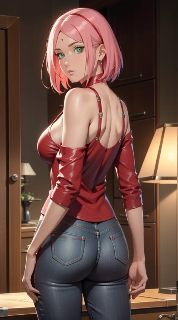 ，Kirschblütenwald, (high detailed:1 1), Rough face, natural skin, High quality, NSFW, curvy, big ass, Naruto Sakura，A pink-haired，short, detailed hair，green eyeig boobs:1.2），（Off-the-shoulder clothing:1.5），Leaving the shoulder，（smil:1.2），Be red in the face，（Cleavage:1.4），sexy figure，Perfect body，gorgeous eyes, (detailed face and eyes), (The face: 1 2), Noises,extra, Real photo, ..................PSD, Lamp film photography, keen focus, High-contrast lighting, delicate skin, High Resolution 8K, Insane Detail, realisti, professional photoshoot, 8K  UHD, SLR camera, Soft lighting, High quality, filmgrain, Fujifilm XT3，magica，Particle FX,red tanktop,skinny jeans,from the back,perfect ass