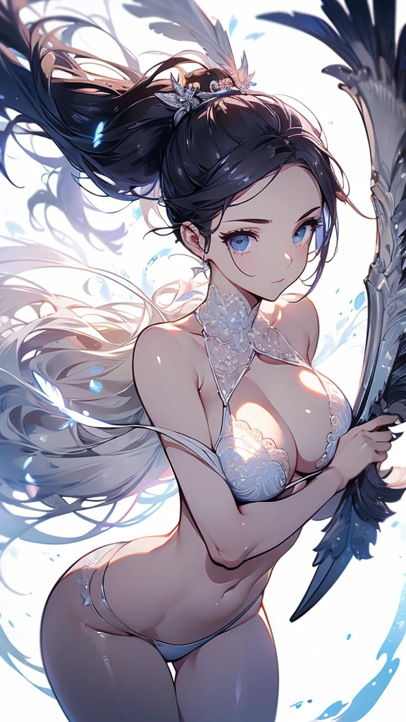 ((masterpiece, best quality)), Delicate face，goddess，little angel，Close-up，Perfect body proportions，Ponytail long hair，Nice white eyes，Fantasy style，White background，transparent，Sex bikini，Lace，feather，sex，NUDE