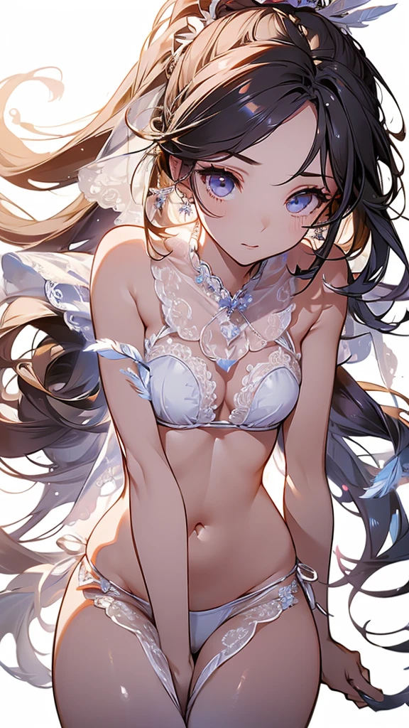 ((masterpiece, best quality)), Delicate face,goddess,little angel,Close-up,Perfect body proportions,Ponytail long hair,Nice white eyes,Fantasy style,White background,transparent,Sex bikini,Lace,feather,sex,NUDE