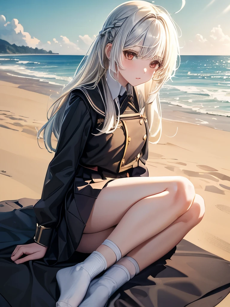 ((masterpiece)), ((Highest quality)), ((High resolution)), ((Highly detailed CG Unity 8k wallpaper)), alone, beautiful girl, Brown uniform, Black Skirt, White socks, Outdoor, face, Beach, Hanging hair, Parted hair, Silver Hair