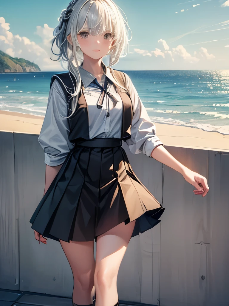 ((masterpiece)), ((Highest quality)), ((High resolution)), ((Highly detailed CG Unity 8k wallpaper)), alone, beautiful girl, Brown uniform, Black Skirt, White socks, Outdoor, face, Beach, Hanging hair, Parted hair, Silver Hair