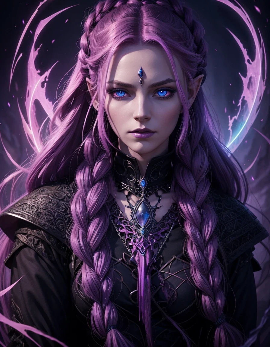 a dark elf witch queen, piercing blue eyes, purple and pink hair, braided hair, long hair, detailed portrait, intricate details, high fantasy, cinematic composition, dramatic lighting, rich colors, warm color palette, glowing magic aura, mystical atmosphere, powerful presence, regal and commanding