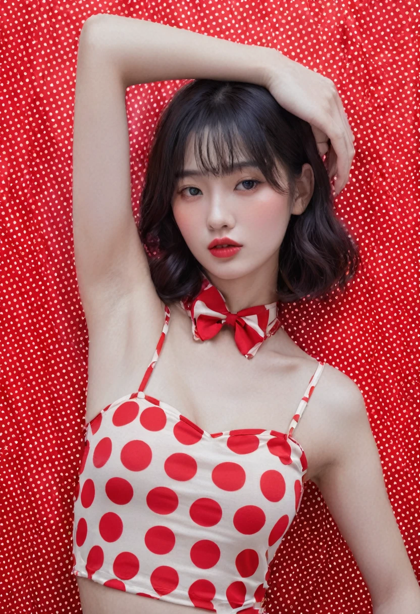 Shiny,Vague,red polka dots,grid,1 girl,fair