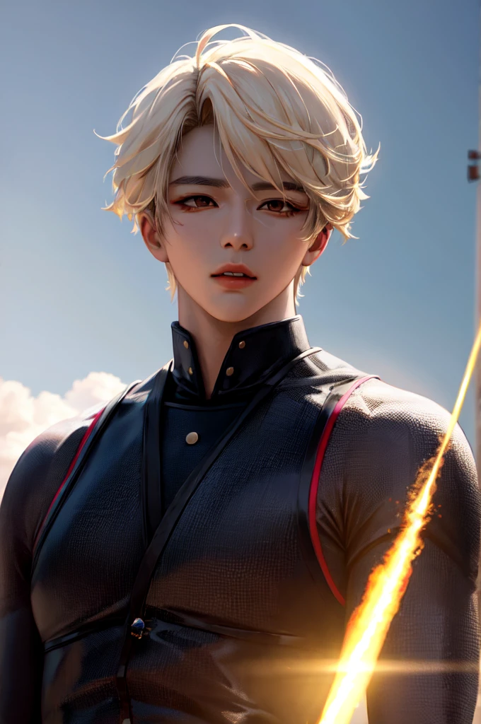 Jinwoo, a young Korean samurai in his twenties, exudes an imposing yet benevolent presence. His short middle part hair, styled like that of K-pop idols, is platinum blonde. His deep brown eyes, almost black, carry a wise and determined gleam. His face is fine and well-defined, reminiscent of Korean K-pop idols. His expression is serious but can soften in the presence of those he protects. His skin is fair and pale. He has an athletic and well-proportioned physique, with developed musculature that is not excessive. He is dressed as a samurai.. Ambiance sombre by Yang J, Guweiz, (best quality, 4k, highres, masterpiece:1.2), ultra-detailed, (realistic, photorealistic:1.37), HDR, UHD, studio lighting, ultra-fine painting, sharp focus, physically-based rendering, extreme detail description, professional, vivid colors, bokeh, portraits, landscape, horror, anime, sci-fi, photography, concept artists, vibrant color tones, atmospheric lighting