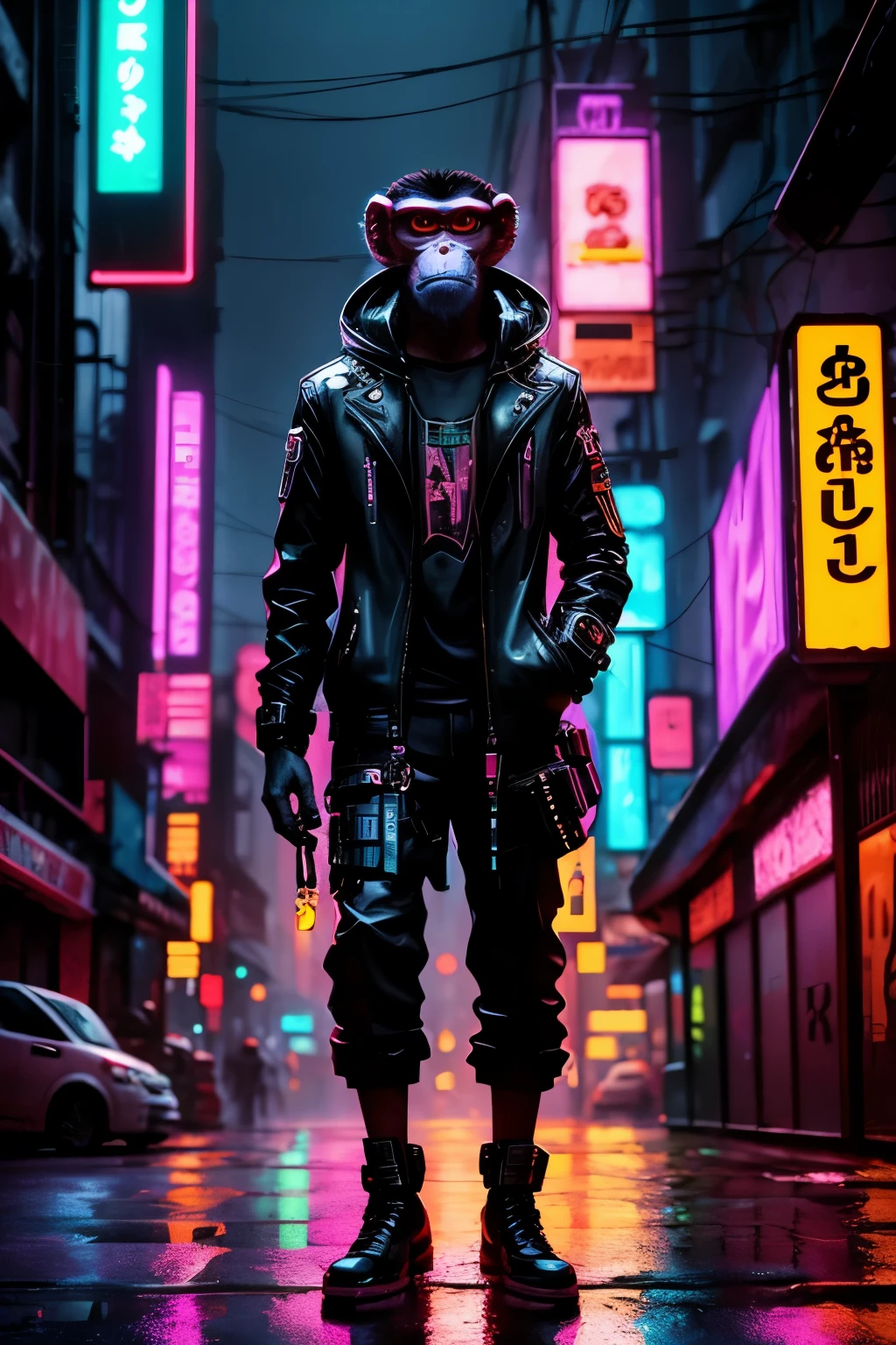 Iconic cyberpunk monkey, rain, monkey, cyberpunk, neon, iconic, no blurry