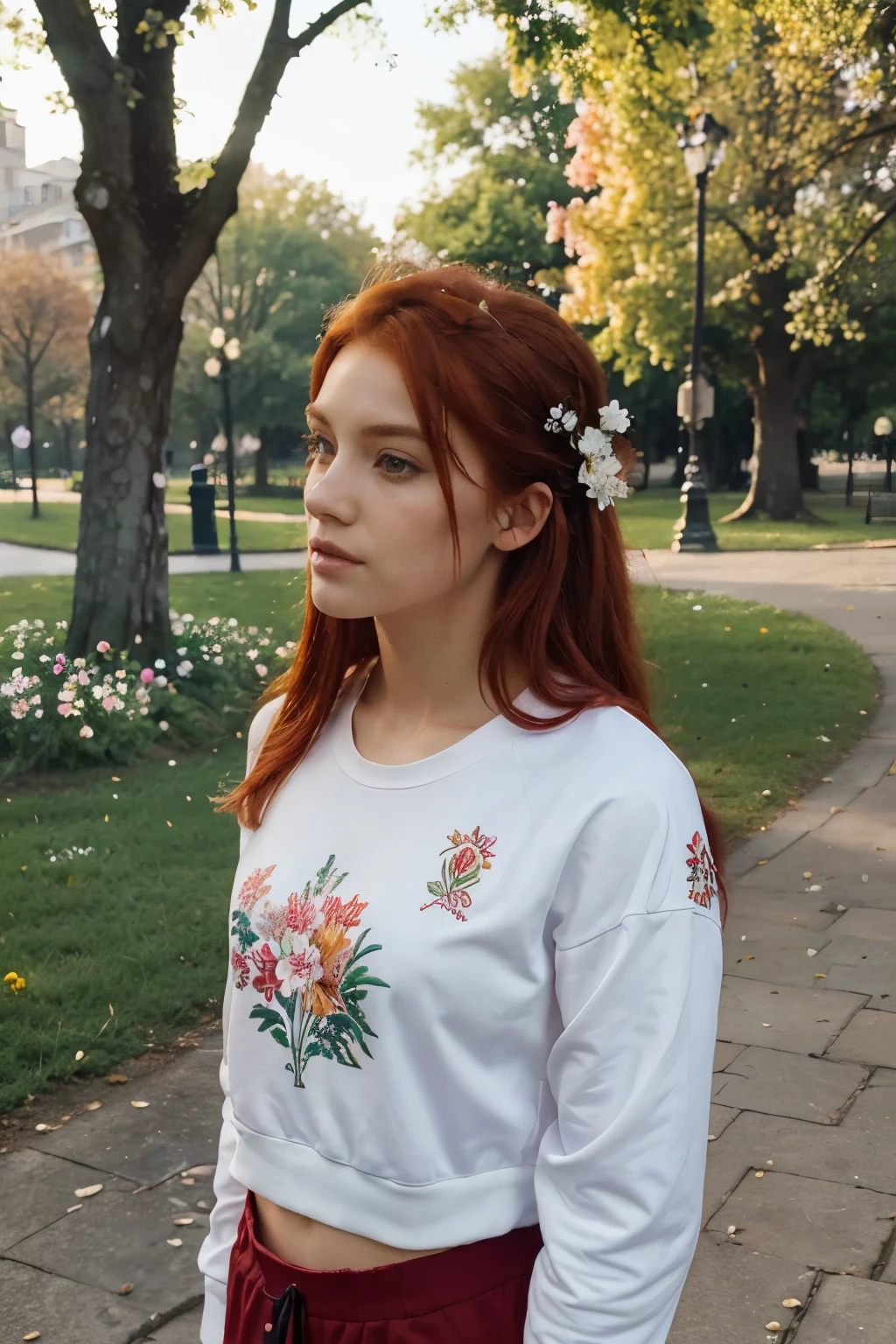 ((Best quality)), ((with flowers)), ((masterpiece)), (in the park), (On the street), (detailed), (Red hair), in sportswear
