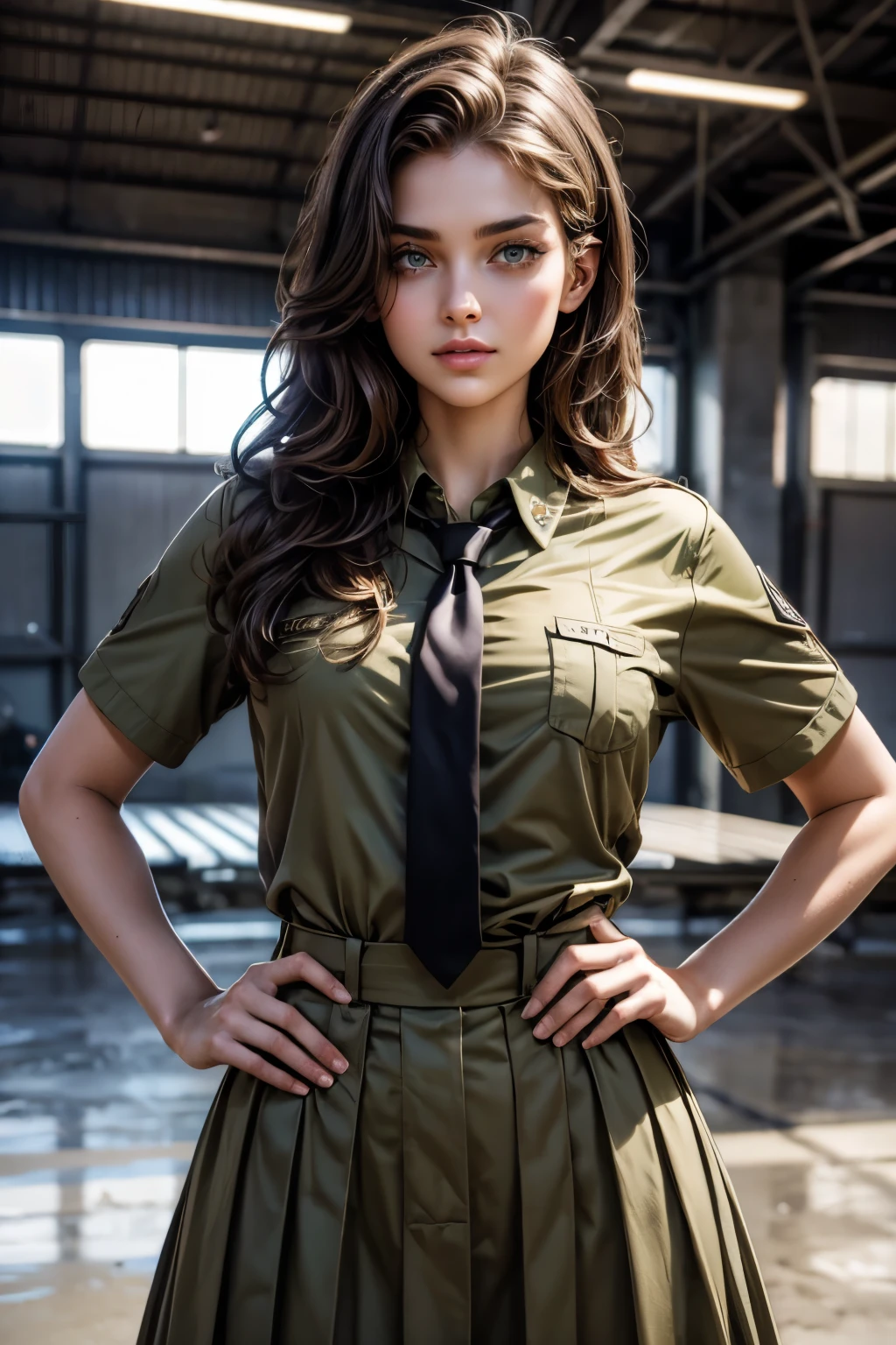 1 girl, (best quality,high resolution,Ultra - Detailed,In fact), BEAUTIFUL girl, (Army girl), adult, full lips, big bright eyes, (uniform army, skirt, short sleeve shirt and tie) ,(Army Military Warehouse), (facial details: 1.5, bright green, brown, eyes, beautiful face, pretty eyes, iris coating, Small lips: 1.5, SCULPTURAL BODY PERFECT body, HANDS ON HIPS.