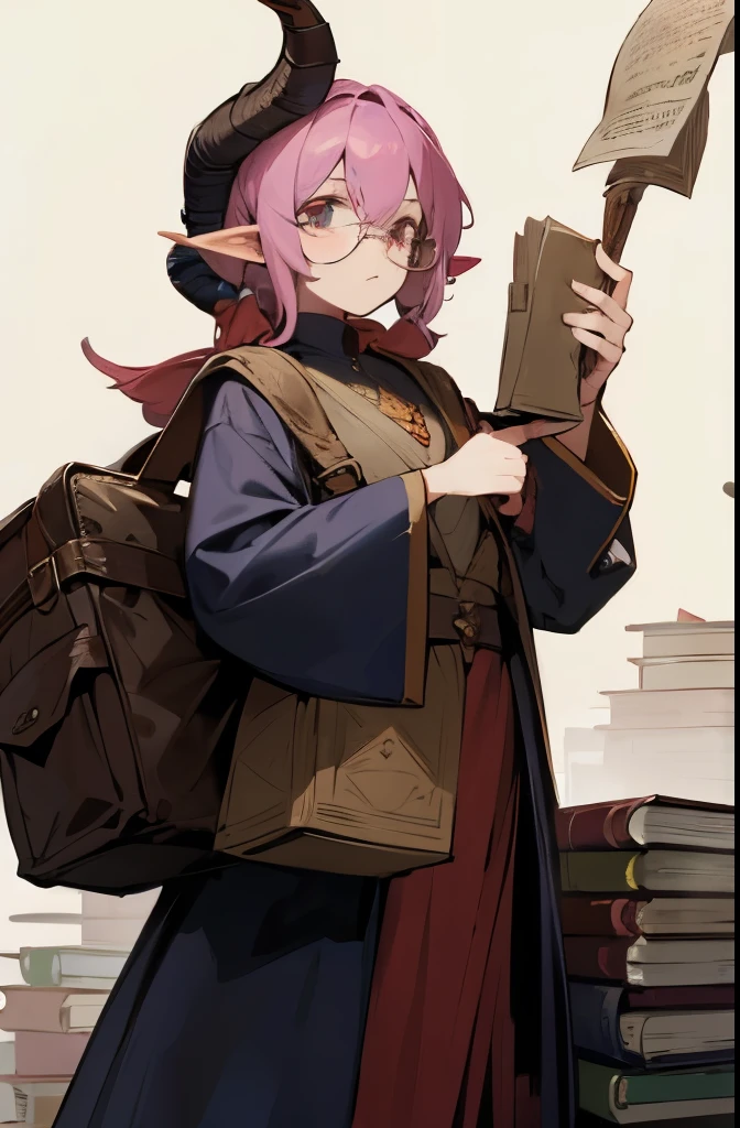 female winged tiefling wizard with glasses and stack of books and scrolls and bag. horns