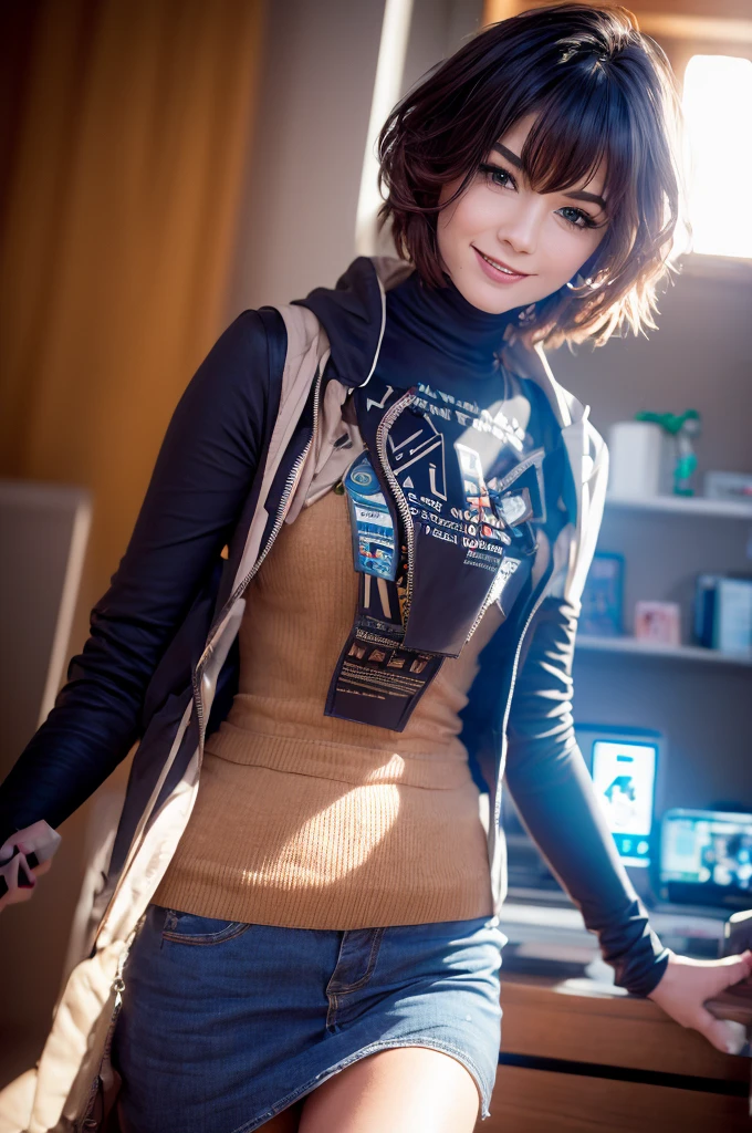 A young girl in realistic portrait of high quality and detail, movie style, younger face, (realistic face), (dark blue hair, short hair:1.3), beautiful hairstyle, realistic eyes, beautiful dark green detailed eyes, (realistic skin), beautiful skin, She is wearing a hoodie and sleeveless, Belle (Zenless Zone Zero), happy face, glow, eye shadow, 1girl, Depth & Perspective, smiling on her face, fine face, she is standing in the video rental salon, a showcase with VHS tapes in the background, indoors, sunlight from windows, looking at viewer, (ultra-high detail:1.2), Masterpiece, Best Quality, Ultra-detailed, Cinematic lighting, 8K, delicate features, cinematic, 35 mm lens, f/1.9, highlight lighting, global lighting –uplight –v 4, cinematic, Cinematic lighting, 8K, high quality, Highest Quality, (Solo Focus), (extremly intricate:1.3), (Realistic), masterful, Analog style, (Film grain:1.5), (warm hue, cold tone),