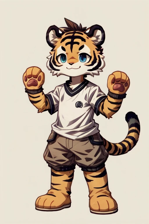 score_9, score_8_up, score_7_up, with Short sleeves , fake animal ears, animal ears, tiger ears, paw gloves, tiger paws, paw pose, 4 fingers ,smile, standing, simple background