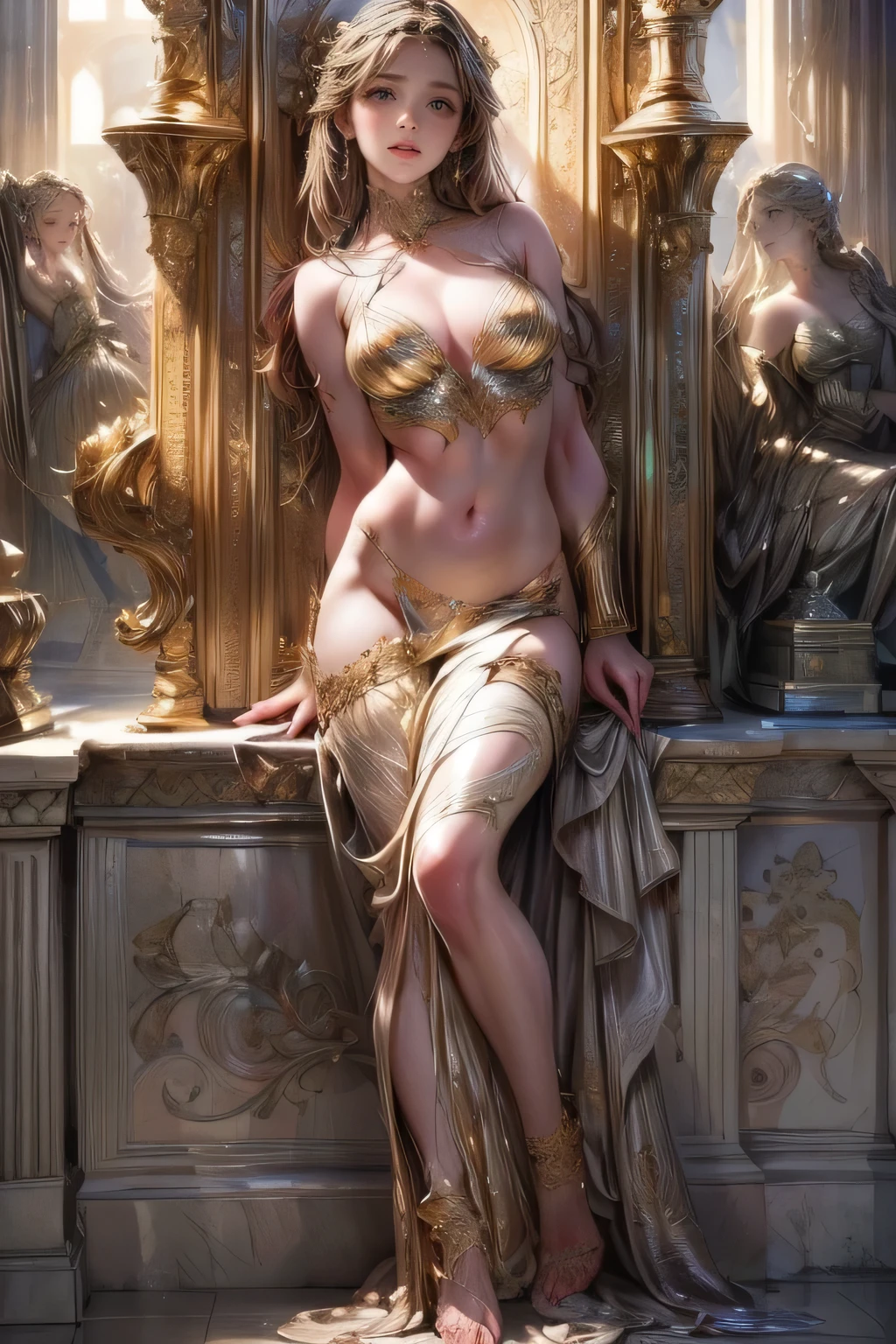 A beautiful sculpture woman, a faithful reproduction of the Venus de Milo, detailed sculpture, intricate marble texture:1.3, elegantly posed, classical Greek style, soft lighting, serene expression, detailed drapery, dramatic contrasting shadows, highly polished surface, blank eyes:1.2, white pupils, (best quality,4k,8k,highres,masterpiece:1.2),ultra-detailed,(realistic,photorealistic,photo-realistic:1.37),museum quality, cinematic composition, dramatic lighting