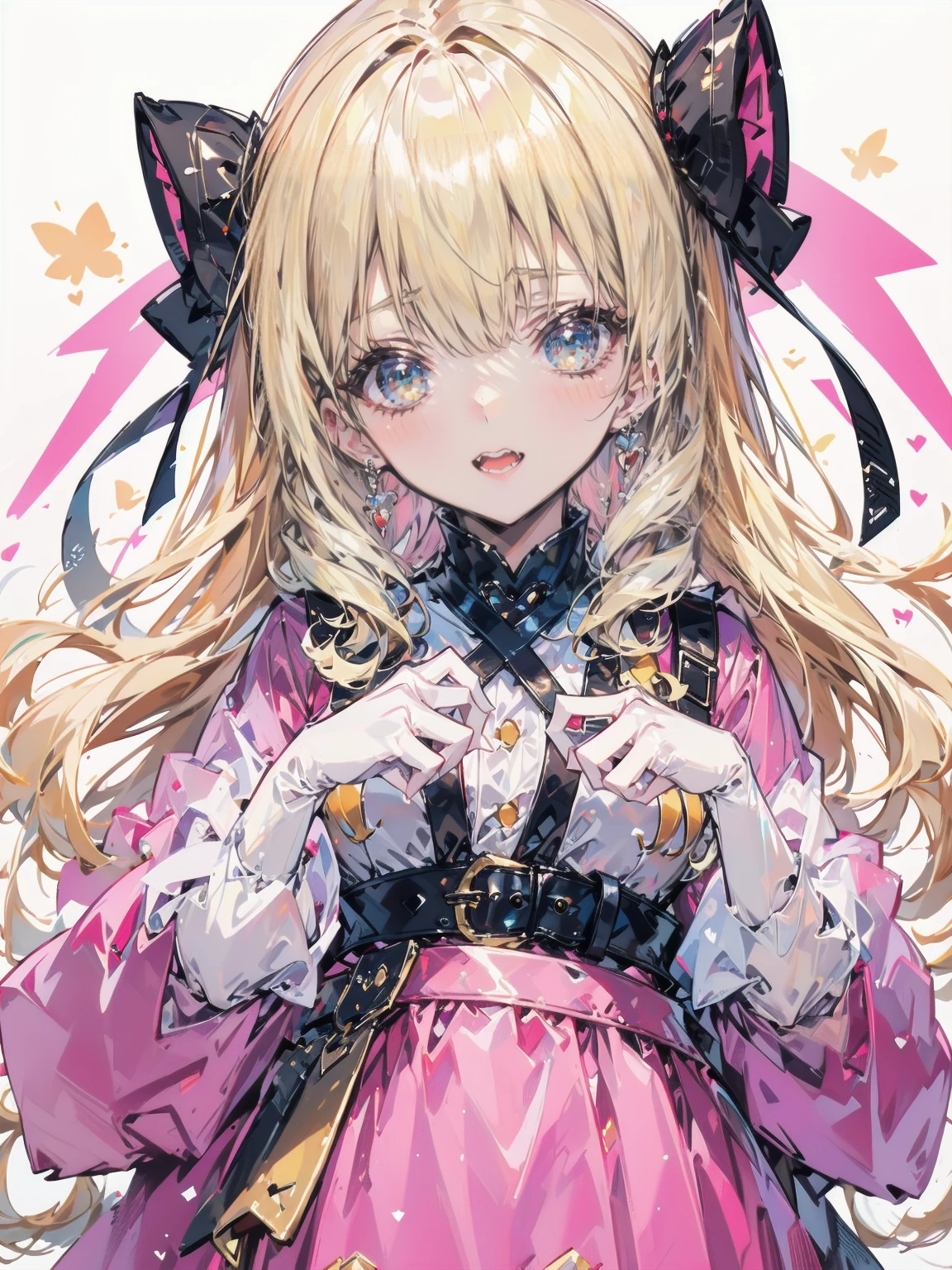 Dots are、Bright pink cheeks、she has chin-length, curly, golden blonde hair with wavy bangs.、she&#39;Dark skinned girl。. she is wearing a bright red headband with a ribbon on the right side of her head.. Dots are、she wears a shiny pastel blue and scarlet red dress with a small ribbon belt around her waist。, white collar, 4 crimson buttons, Bright red lining. sheのドレスの下には赤と淡いブルーのチュールスカートがある.. she also、Red top with white socks、she is wearing carnation pink high-top sneakers with bright red shoelaces.。. Shine; Glitter