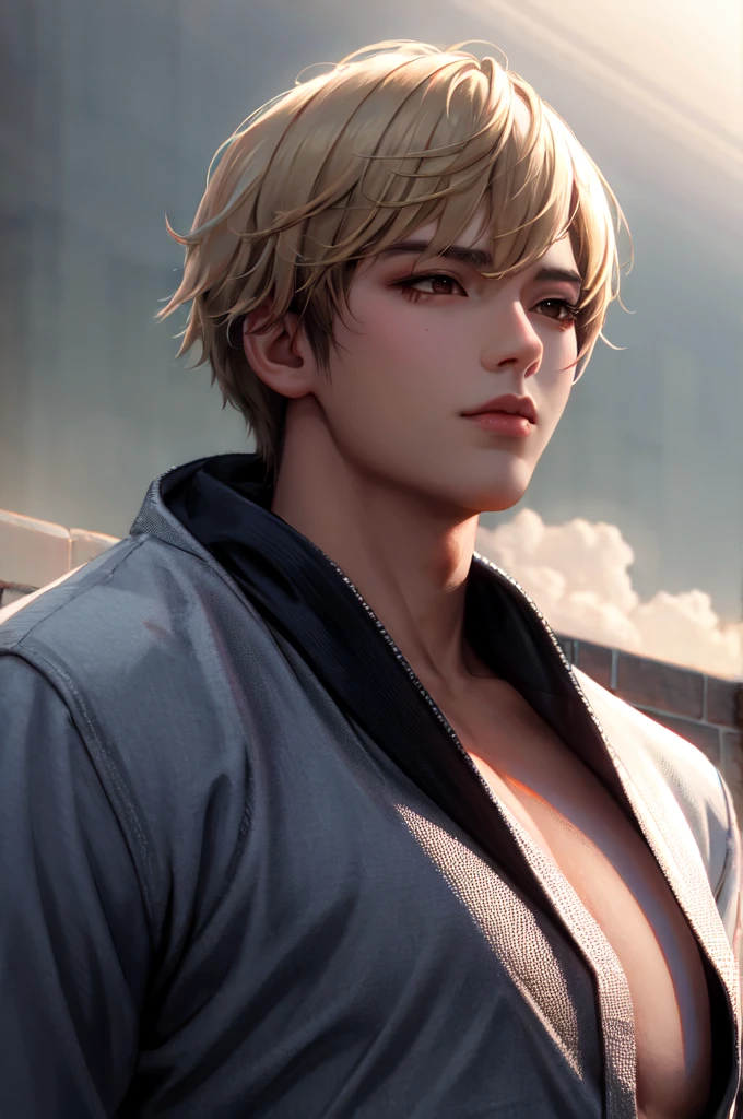 Jinwoo, a young Korean samurai in his twenties, exudes an imposing yet benevolent presence. His short middle part hair, styled like that of K-pop idols, is platinum blonde. His deep brown eyes, almost black, carry a wise and determined gleam. His face is fine and well-defined, reminiscent of Korean K-pop idols. His expression is serious but can soften in the presence of those he protects. His skin is fair and pale. He has an athletic and well-proportioned physique, with developed musculature that is not excessive. He is dressed as a samurai.. Ambiance sombre by Yang J, Guweiz, (best quality, 4k, highres, masterpiece:1.2), ultra-detailed, (realistic, photorealistic:1.37), HDR, UHD, studio lighting, ultra-fine painting, sharp focus, physically-based rendering, extreme detail description, professional, vivid colors, bokeh, portraits, landscape, horror, anime, sci-fi, photography, concept artists, vibrant color tones, atmospheric lighting