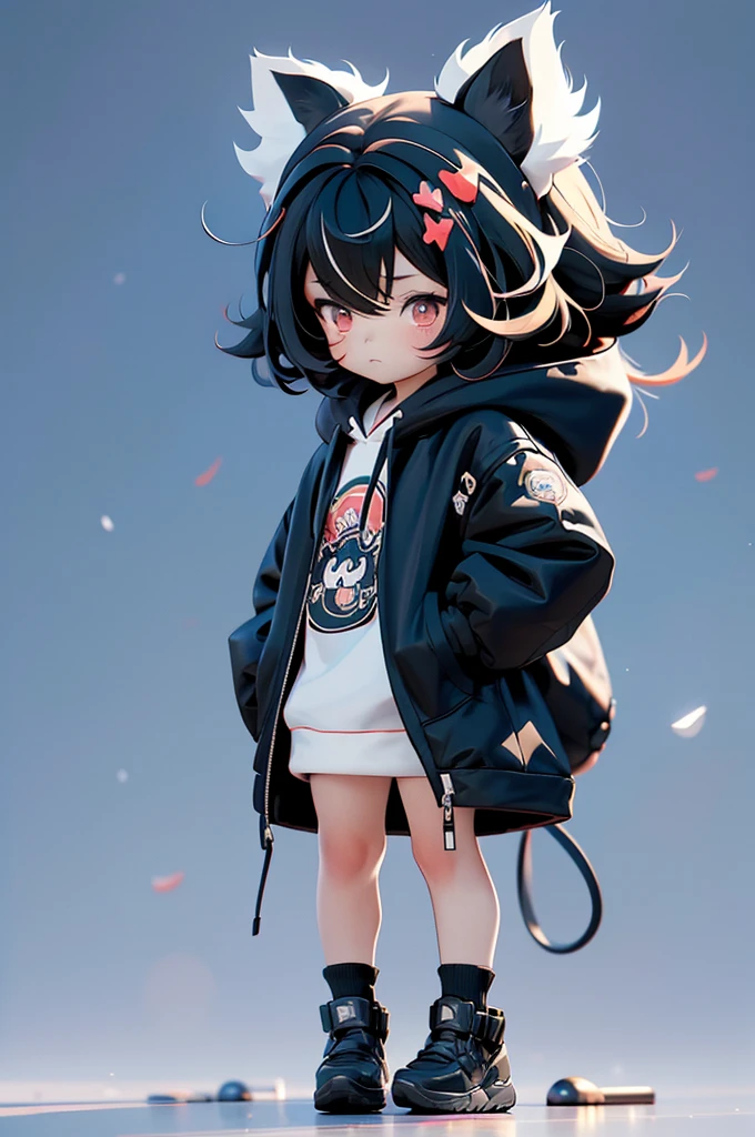 chibi,，Anime man with black hair and black cat ears wearing a black hoodie, Brunette boy in hoodie, Anime cute art style, Single character full body, anime style character, Cute boy anime visual, Anime full body illustration, High-quality anime art style, Style Anime, Anime Characters, guweiz style artwork, He wears streetwear, Lovely characters