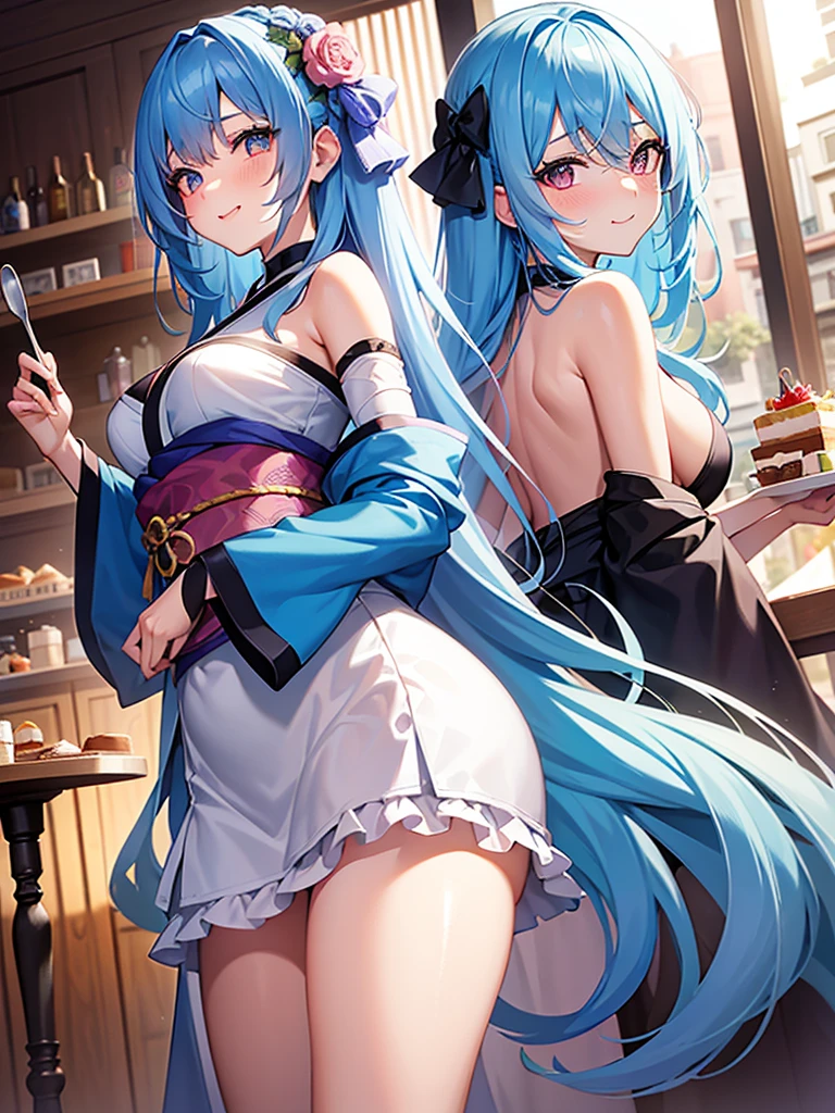 A young woman with light blue hair, star-shaped hair clip. Her hair is long and straight, with playful, expressive strands that add movement and dynamism to the piece, eating cake. Her eyes are wide and sparkling, with heart-shaped pupils that reflect the joy and excitement of her birthday. The blush on her cheeks is a soft pink, revealing her happiness and slight embarrassment at being the center of attention. She's holding a spoon with a pice cake, her excitement almost palpable, enjoy the cake. adhering to a high-quality Anime style, kimono, from the side. The piece should be in Ultra High Definition, with a resolution of 8K, making it a true masterpiece. Pay attention to anatomical correct(2), ensuring that the character's pose and proportions are accurate and believable. The skin should be textured, with high details that give a sense of realism to the Anime style. The final artwork should be of the best quality and extremely high-resolution, making every, light blue hair, very long hair, wavy hair, food on face, smile, blush, from behind, from below, high detail, Conceptual art, anime, anime style, social media composition, multiple views, three sided view, UHD, masterpiece, accurate, anatomically correct, textured skin, super detail, high details, high quality, best quality, highres, award winning