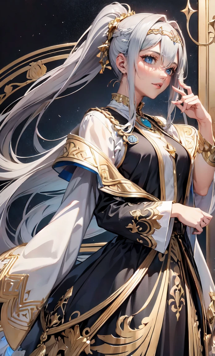 Noble Mansion,(gray hair：2.0),The ponytail is straight and tall.,Gold headband,stand closely,dream world,mature woman,(The phoenix&#39;s blue eyes were slender.,lipstick,Long eyelashes),Long eyelashes,contact lens,Gemstone Gold Necklace,(blue fur dress,bare shoulders,Strapless fur,wide wrist,long skirt,belt：2.0),top of fur pipe(big breast)Ballroom Background,(Soft light and shadow：1.9),High-heeled shoes made of fur,elegant high heels,Detailedly drawn background, (big tits),sexy, seductive pose, big breasts,Show your breasts,The cracks are clear.....,((big tits))，(pubic bone), rift, visible chest,, big breasts,Show your breasts,The cracks are clear....,