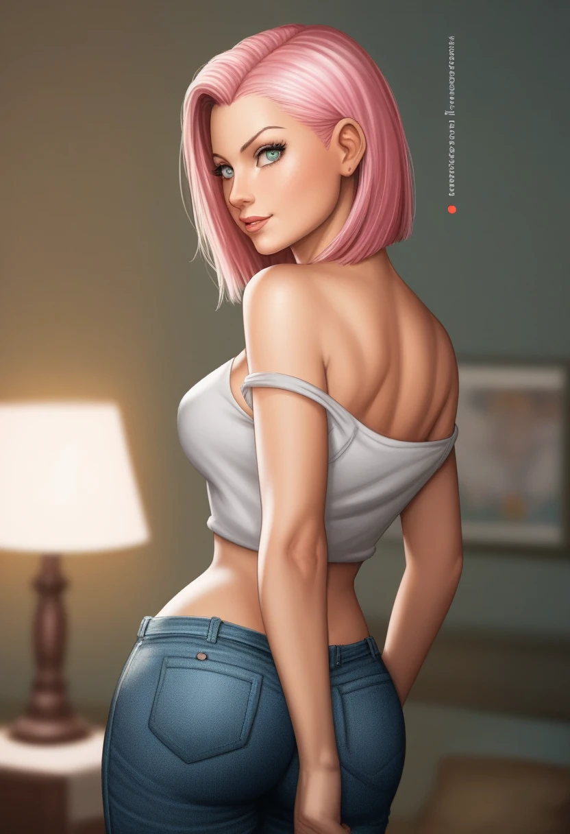 ，Kirschblütenwald, (high detailed:1 1), Rough face, natural skin, High quality, NSFW, curvy, big ass, Naruto Sakura，A pink-haired，short, detailed hair，green eyeig boobs:1.2），（Off-the-shoulder clothing:1.5），Leaving the shoulder，（smil:1.2），Be red in the face，（Cleavage:1.4），sexy figure，Perfect body，gorgeous eyes, (detailed face and eyes), (The face: 1 2), Noises,extra, Real photo, ..................PSD, Lamp film photography, keen focus, High-contrast lighting, delicate skin, High Resolution 8K, Insane Detail, realisti, professional photoshoot, 8K  UHD, SLR camera, Soft lighting, High quality, filmgrain, Fujifilm XT3，magica，Particle FX,red tanktop,skinny jeans,from the back,perfect ass