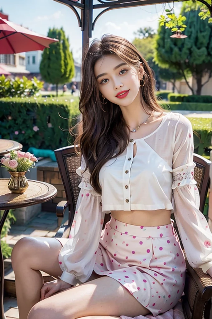 professional photo of 1 girl, full body photo, masterpiece, garden terrace, view to the garden, photoRealistic, intricate-detail、Raw foto、perfect skin, radiant skin, white skin, natural makeup,  mix of taylor hill face, Yael Shelbia face, young monica bellucii face, irina shayk face, emily didonato face, amber heard face and miranda kerr face,Trending in art stations, 18K, Masterpiece、1girl 20 yrs, 170 height, very light brown medium Hair, , beautiful face, real face, better eyes, face and skin, small nose, sweet girl, jaw dropping beauty, smiling with dimples, white teeth, red lipstick, curly hair, blue eyes, beautiful eyes, seductive smile, full lips, curvy girl, gorgeous girl purple skirt with floral details, designer skirt, detailed legs, purple and pink clothes colors, vogue style, beautiful colors, beautiful contrast colors, Super detail body, perfect body, perfect legs, confident woman, seductive smile, orange and green Polka Dot Print blouse, and floral skirt, milk and mocha style, glamorous design with beautiful details, intricate details, designer outfit, blouse opens, vivid colors, foreground objects, background details,, feminine and stylish girl, super sharp image, 18K, beautiful pose, full body photo, smiling, vibrant colors, polka dot navyblue and pink blouse and floral skirt, beautiful clothes contrast, detailed hands, detailed fingers. Try adding a chic accent, uhd, masterpiece, various poses, image clarity, crystal clear, sitting on the chair in front of a table with food , garden terrace,under sun umbrella, pergola, view to the garden, image clarity, depth of field, real life enhancer, perfect legs, bottom angle, sideway angle, wide shot, front light, back light, very good light on her face to accentuate her beautiful face, beautiful texture of the skin,image clarity, the most beautiful girl in the world,accurate,flirting with  the camera, the biggest smile looking at me,vibrant colors