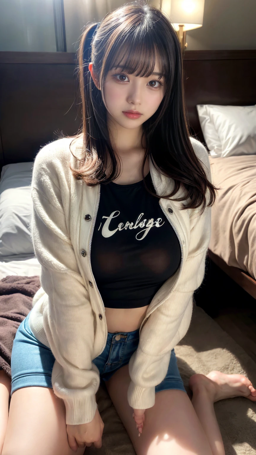 masterpiece, best quality, illustration, Super detailed, fine details, High resolution, 8K,wall paper, perfect dynamic composition,(Details High quality, realistic depiction of eyes:1.3), (letterman jacket, white t-shirt), Erotic Shorts, Lying down, black hair color, Big Natural Color Lip, bold sexy pose, (perfect body shape), crying a little、Harajuku style、20 year old girl、cute type、ta、beautiful legs, hotel room, hposing Gravure Idol, Voluptuous thighs, (woman on top, straddling, sitting)