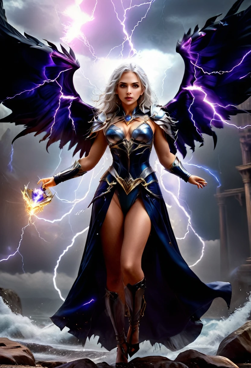 arafed high details, best quality, 16k, [ultra detailed], masterpiece, best quality, (extremely detailed), dynamic angle, ultra wide shot, photorealistim, RAW, fantasy art, dnd art, fantasy art, realistic art, a wide angle picture of a female aasimar sorceress casting a lightning spell, full body (intense details, Masterpiece, best quality), D&D aasimar, exremley beautiful female aasimar, silver hair, long hair, wavy hair, dynamic eyes color, angelic eyes, radiant magical eyes, ultra detailed face (intense details, Masterpiece, best quality), spread angelic wings, white angelic wings (intense details, Masterpiece, best quality), wearing [black] robe, wearing blue cloak, long cloak, flowing cloak with lightning motifs (intense details, Masterpiece, best quality), armed with magical staff (intense details, Masterpiece, best quality), manipulating lightning magical energy (intense details, Masterpiece, best quality), controlling lightning, dark fantasy magical tower background, evil temple background (intense details, Masterpiece, best quality), rpg portrait, LightningMagicAI, Cinematic Hollywood Film, feathered wings