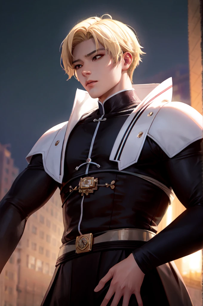Jinwoo, a young Korean samurai in his twenties, exudes an imposing yet benevolent presence. His short middle part hair, styled like that of K-pop idols, is platinum blonde. His deep brown eyes, almost black, carry a wise and determined gleam. His face is fine and well-defined, reminiscent of Korean K-pop idols. His expression is serious but can soften in the presence of those he protects. His skin is fair and pale. He has an athletic and well-proportioned physique, with developed musculature that is not excessive. He is dressed as a samurai.. Ambiance sombre by Yang J, Guweiz, (best quality, 4k, highres, masterpiece:1.2), ultra-detailed, (realistic, photorealistic:1.37), HDR, UHD, studio lighting, ultra-fine painting, sharp focus, physically-based rendering, extreme detail description, professional, vivid colors, bokeh, portraits, landscape, horror, anime, sci-fi, photography, concept artists, vibrant color tones, atmospheric lighting