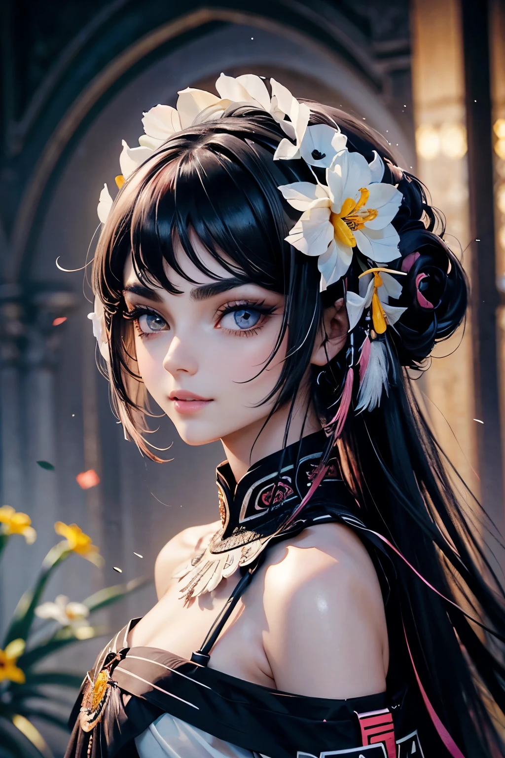 score_9, score_8_~ over, score_7_~ over, score_6_~ over, classification_clear, 1 girl, ((25 years:1.2)),(best quality,high resolution,Ultra - Detailed,In fact), BEAUTIFUL girl, (native sakha girl:1.4), adult, full lips, big bright eyes, (Native sakha) ,(native sakha flowers:1.4), (facial details: 1.5, bright BLACK, PINK, eyes, beautiful face, pretty eyes, iris coating, Small lips: 1.5, SCULPTURAL BODY PERFECT body, HANDS ON HIPS, pale and sharp eyebrows, long, dark eyelashes, double tap),(Perfect hand detail : 1.4 ), UPPER body, Claudia Wells, traditional indian clothing., smile happy