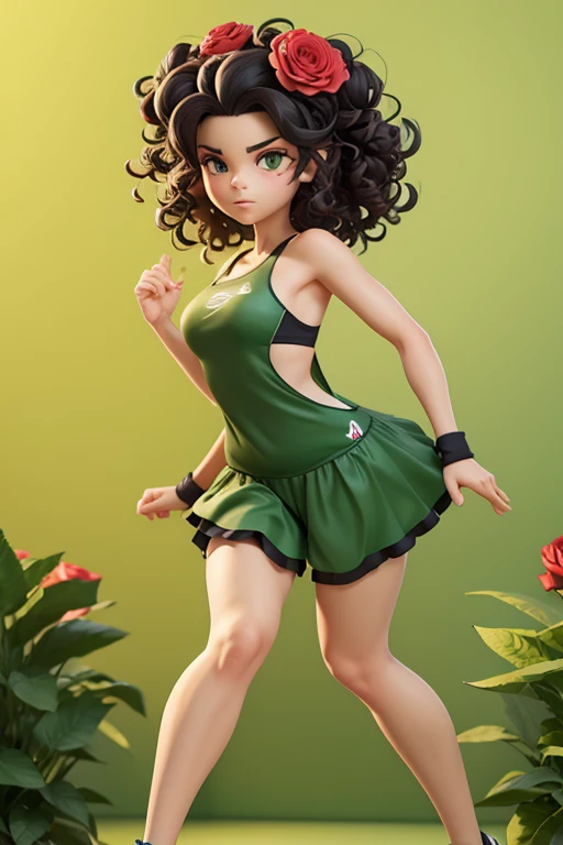 green leaf hair, black eyes, Sportswear, Curly hair, Red roses on the head, confidence, effort, brave，Correct proportions, Cartoon IP image
