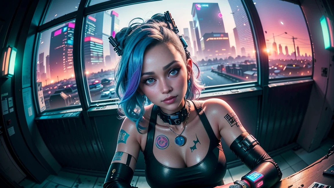 ((25 year old cyberpunk girls in a colorful Harajuku pop outfit)), ((((fisheye lens)))), Cowboy shot, the wind, Real Pile, big blue eyes, 8K, a perfect face, the perfect body, messy  hair, Highly detailed eyes, Highly detailed face, ((Cyberpunk 2077 cityscape)), (Cyberpunk aesthetics and atmosphere:1.3), Bright colors, Smiling, ((Cinematic lighting))