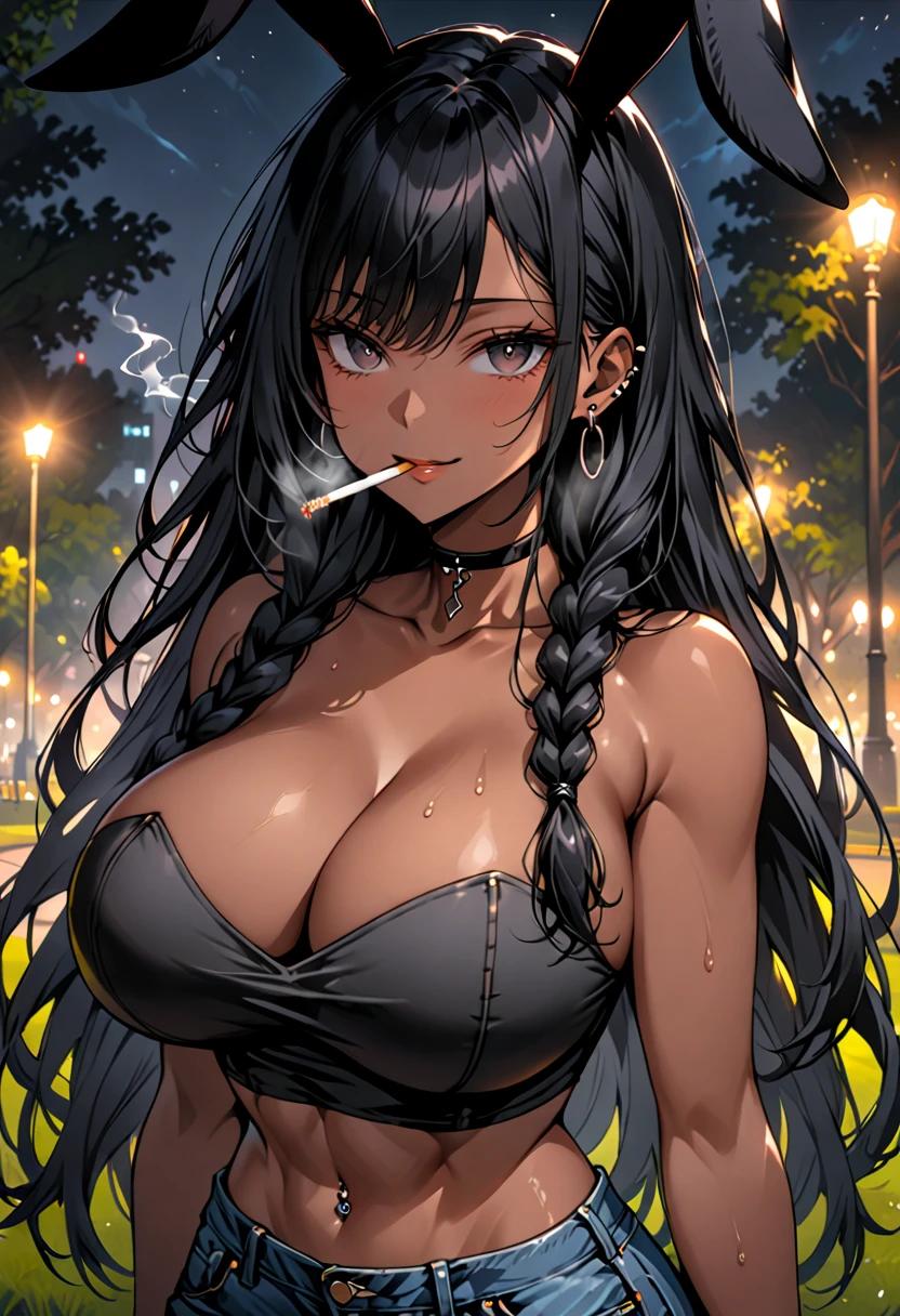 female, huge black rabbit ears, floppy black rabbit ears, dark skin, black hair, very long hair, braids, ((huge breasts)), thick thighs:0.4, smile, black eyes, abs, cleavage:0.3, heaving breasts, close up, from the waist up, looking at viewer, looking up, black rabbit tail, sweat, solo, short shirt, worn jeans, cigarette in mouth, earring, choker, navel piercing, park, night, short shirt, bare midriff