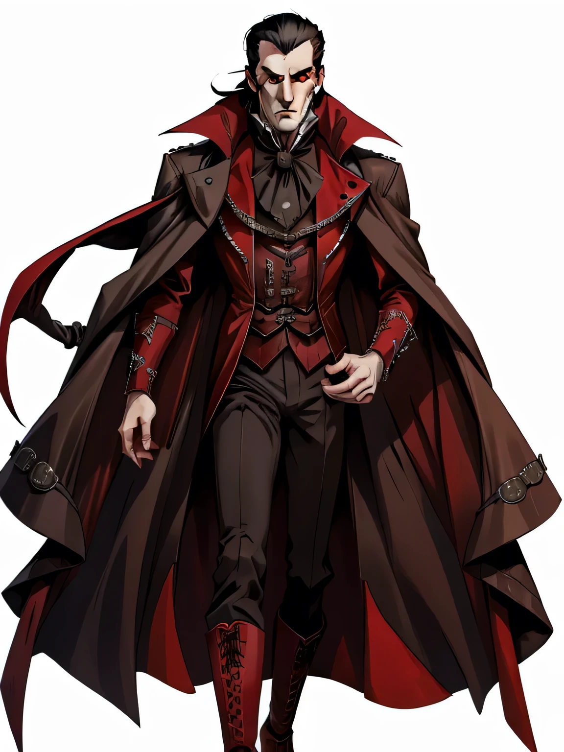 Strahd von Zarovich, vampire, long hair, male focus, full body portrait, widow's peak, forehead, steampunk coat, red high-collared shirt, high collar, red undercoat, pants, solo, blank background, white background, gothic fantasy art, high laced boots, open red eyes