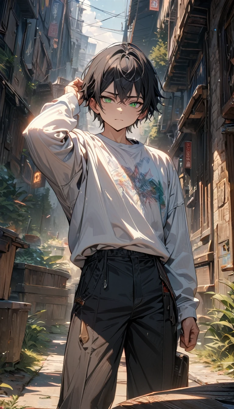 adult guy, boy, male, short black hair, green eyes, light shirt, long sleeves, little muscles, light trousers, half angel, half demon, Masterpiece, best quality, Full HD, 8k, ultra details, great graphic