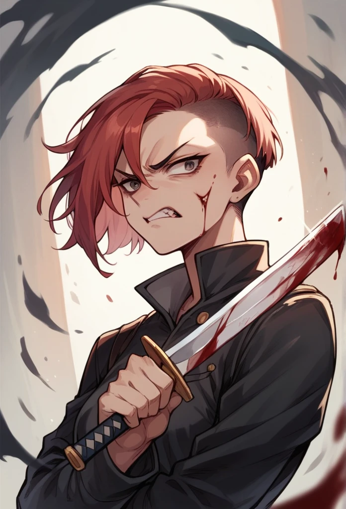 Woman, short red hair, sidecut, angry face, holding a sword with blood