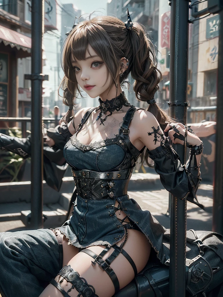 (Smiling with teeth showing:1.3),(Shibuya Gal:1.5)、(Fashion in the style of Gothic Lolita:1.5)、(Punk rock visual kei:1.4)、(Olive denim and black medieval royal mini skirt dress:1.5)、(Olive denim and black medieval arm covers and bustier:1.5)、(Olive high heels:1.3)、(Wearing silver accessories:1.5)、(Brown lace collar:1.4)、(Black Leather Garter Belt:1.4)、(Moss Green Skin Belt:1.3)、(Black lace underwear:1.5)、20-year-old、Browsing Caution、((Highest quality、In 8K、masterpiece:1.3))、Sharp focus:1.2、(Layered Cut、Huge boobs:1.1),Beautiful woman with perfect figure:1.4、(Dance vigorously:1.3)、Slim Abs:1.2、Highly detailed face and skin texture、Detailed eyes、double eyelid,(Twin tails:1.3)、(Brown-golden hair:1.3)、Idol Sculpture、(Caribbean cityscape in the background:1.3)、(The body is slim:1.2),(Slimming your legs:1.4),(clavicle:1.1)