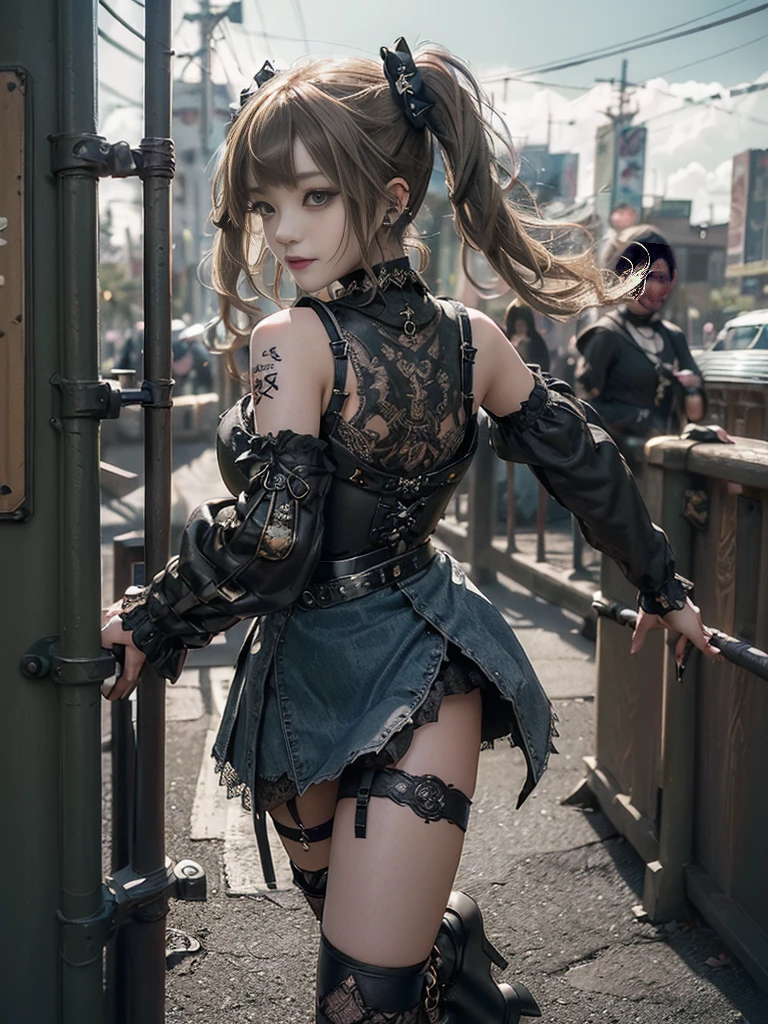 (Smiling with teeth showing:1.3),(Shibuya Gal:1.5)、(Fashion in the style of Gothic Lolita:1.5)、(Punk rock visual kei:1.4)、(Olive denim and black medieval royal mini skirt dress:1.5)、(Olive denim and black medieval arm covers and bustier:1.5)、(Olive high heels:1.3)、(Wearing silver accessories:1.5)、(Brown lace collar:1.4)、(Black Leather Garter Belt:1.4)、(Moss Green Skin Belt:1.3)、(Black lace underwear:1.5)、20-year-old、Browsing Caution、((Highest quality、In 8K、masterpiece:1.3))、Sharp focus:1.2、(Layered Cut、Huge boobs:1.1),Beautiful woman with perfect figure:1.4、(Dance vigorously:1.3)、Slim Abs:1.2、Highly detailed face and skin texture、Detailed eyes、double eyelid,(Twin tails:1.3)、(Brown-golden hair:1.3)、Idol Sculpture、(Caribbean cityscape in the background:1.3)、(The body is slim:1.2),(Slimming your legs:1.4),(clavicle:1.1)
