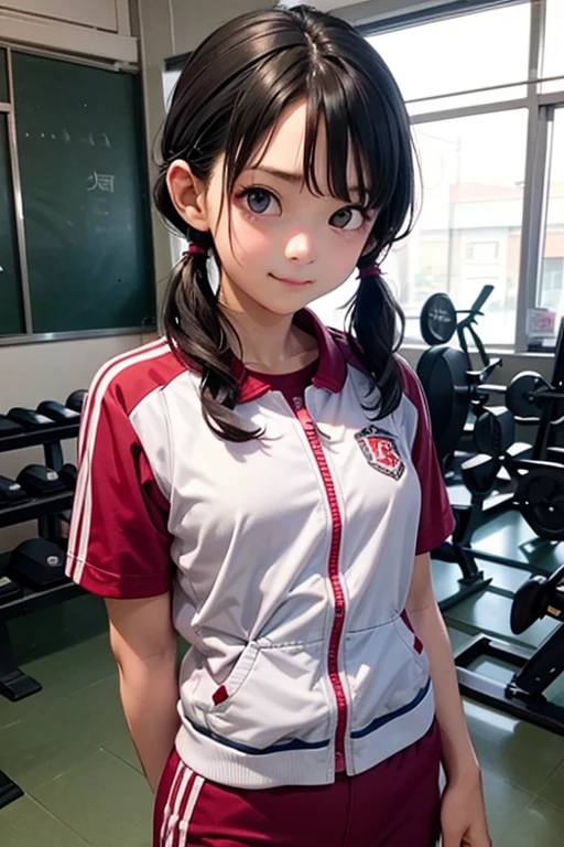 Two knots,girl,Pigtails,Hair tied in two ponytails at the back of the head,Primary school students,Smiling,Black Hair,clear,gunを持っている,Troubled face,gun,Beretta M92F,自動小gunを持っている,gunを両手に持っている,Troubled face,Sad face,Gym suit
