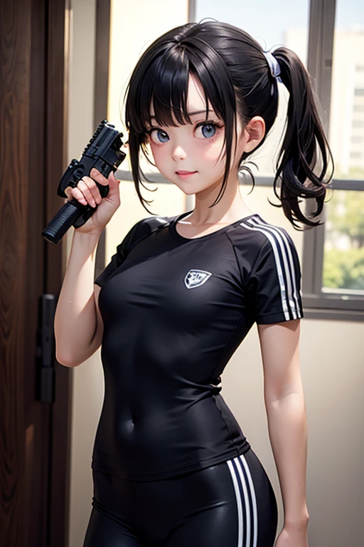 Two knots,girl,Pigtails,Hair tied in two ponytails at the back of the head,Primary school students,Smiling,Black Hair,clear,gunを持っている,Troubled face,gun,Beretta M92F,自動小gunを持っている,gunを両手に持っている,Troubled face,Sad face,Gym suit
